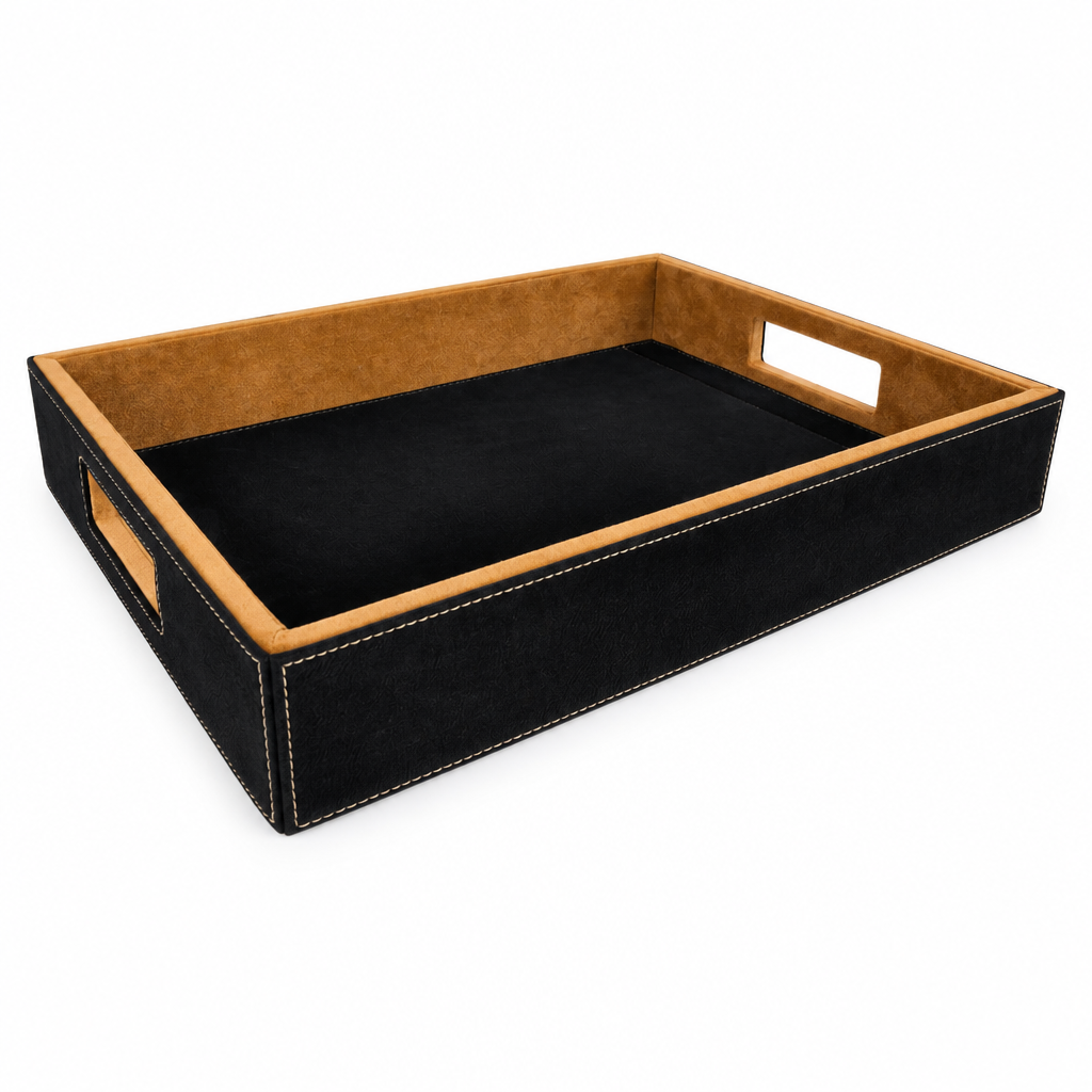 Black tray with brown leather edges on a transparent background