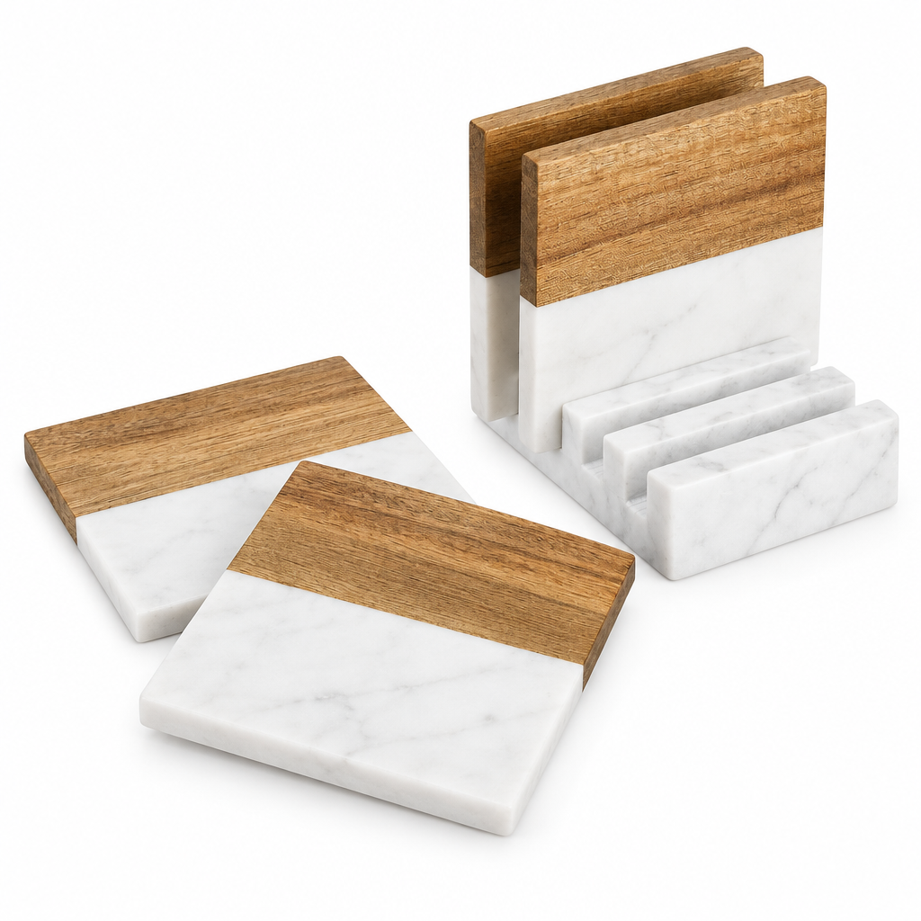 Marble & Wood Coasters - Set of 4 Coasters and Stand