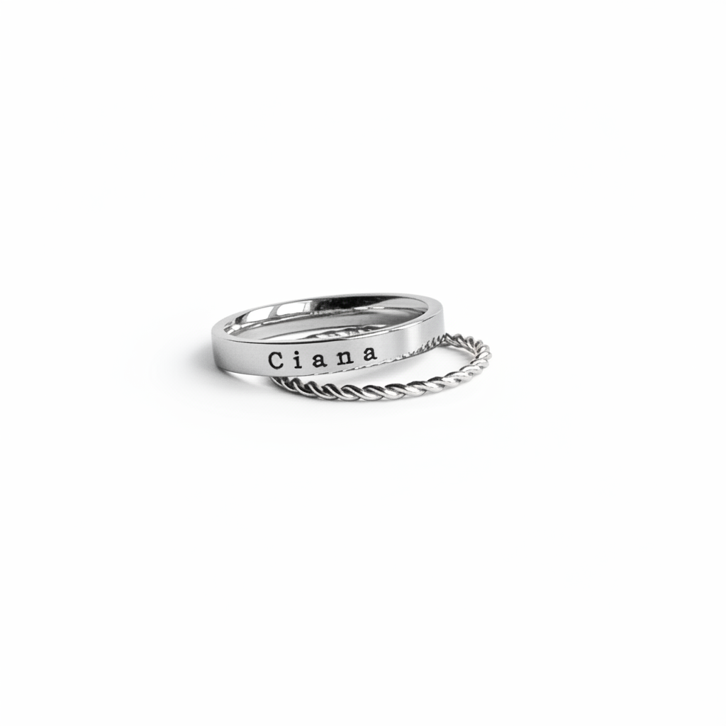 Engraved ring with braided stacker ring